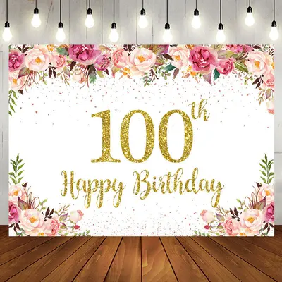 Pink Floral Glitter Gold White 100th Birthday Backdrop - Aperturee