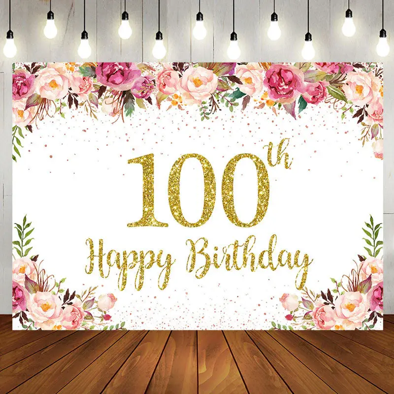 Pink Floral Glitter Gold White 100th Birthday Backdrop - Aperturee