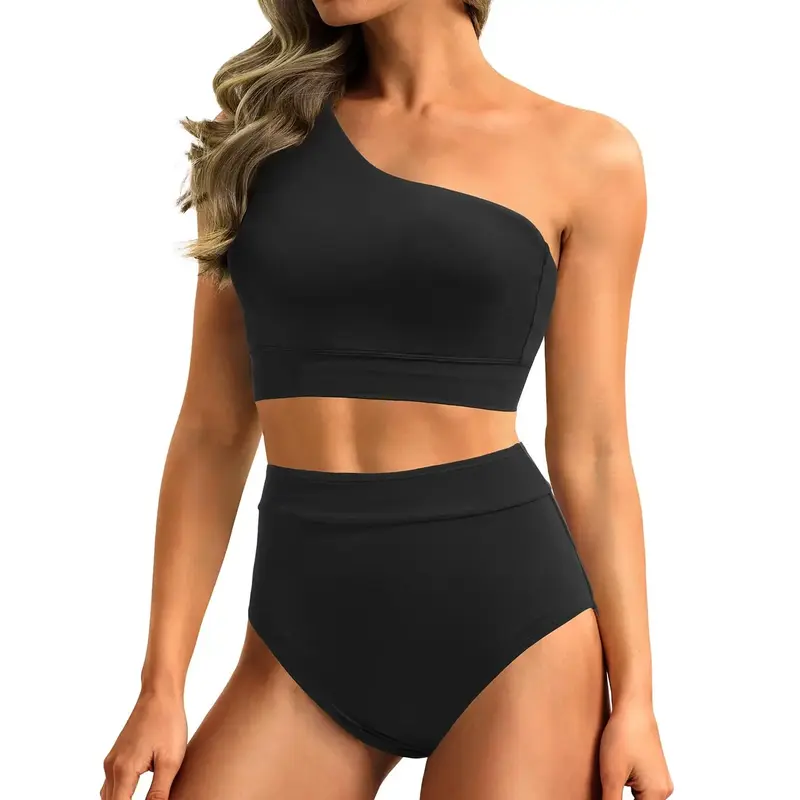 Holipick Women One Shoulder High Waisted Bikini Sets Two Piece Swimsuit Tummy Control Bathing Suit Full Coverage Swimwear