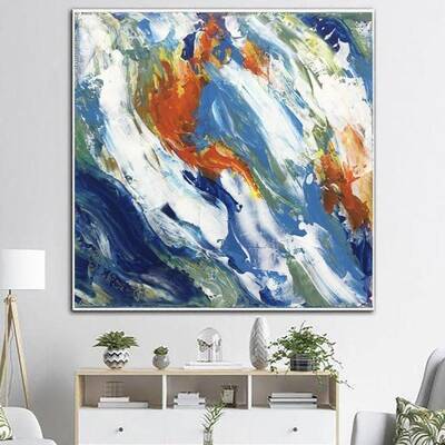 Large Blue Painting On Canvas Oversized Impasto Painting Orange Painting Expressionist Art Fine Art Painting Over The Firepla...