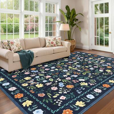 Garvee Vintage Floral Area Rug 9x12, Washable, Non-Shedding, Faux Wool Low Pile, Stain Resistant, Anti-Skid Backing, Blue, Li...
