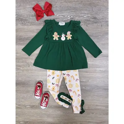 Christmas Gingerbread Cookie Green Tunic Top and Leggings Girls or Toddler Holiday Pants Outfit
