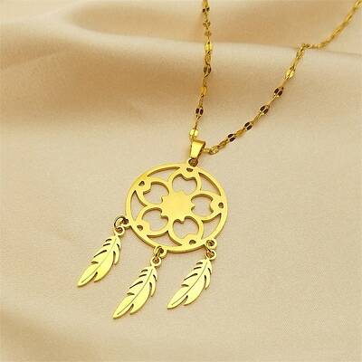 Woven Net/Web with Feather 304 Stainless Steel Boho Pendant Necklaces for Women