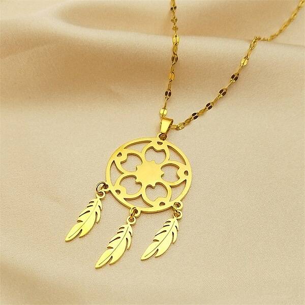 Woven Net/Web with Feather 304 Stainless Steel Boho Pendant Necklaces for Women
