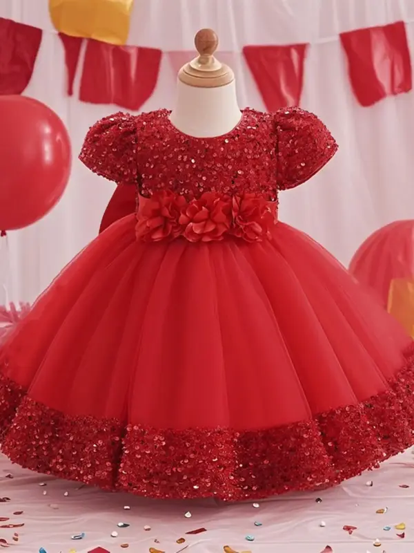 Toddler Girl's Glitter Sequin Decor Cute Princess Dress, Cute Puff Sleeve Round Neck Tulle Dress for Party Wedding Guest, Kid...