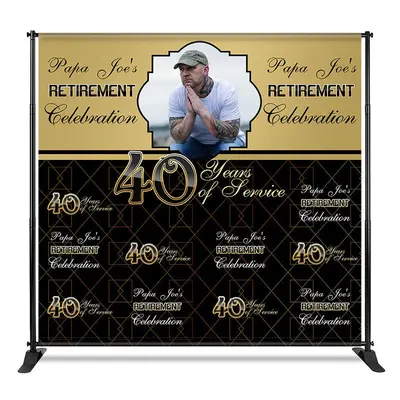 Aperturee Custom Gold Black Step And Repeat Retirement Backdrop, 4X8FT(1.2X2.5M), 42 USD, step and repeat backdrops, CF1_DZYM...