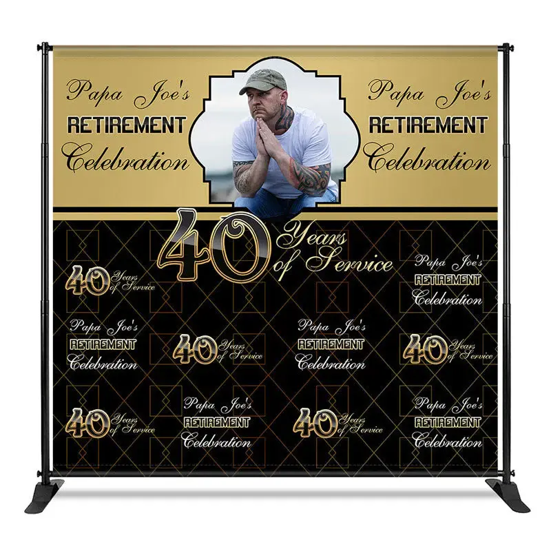 Aperturee Custom Gold Black Step And Repeat Retirement Backdrop, 4X8FT(1.2X2.5M), 42 USD, step and repeat backdrops, CF1_DZYM...