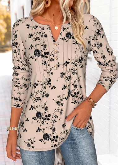 Modlily Light Coffee Tummy Coverage Floral Print T Shirt - XL