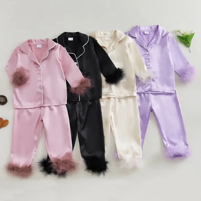 Kids Baby Little Girl Satin Pajama Set Fuzzy Trim Long Sleeve Button Down Tops Elastic Waist Pants 2 Piece Sleepwear Set Cozy...