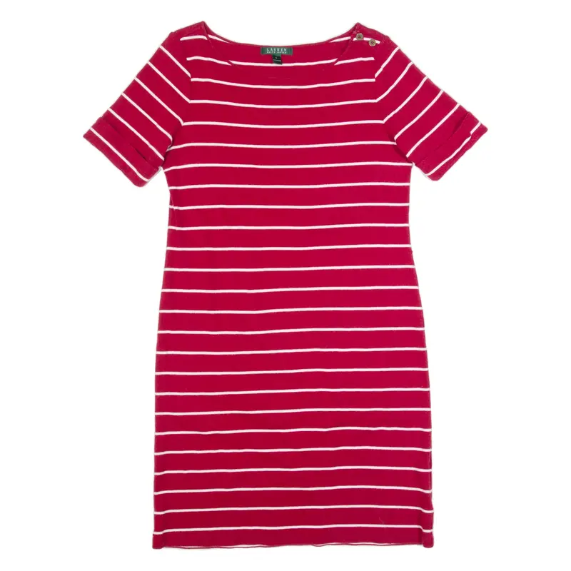 LAUREN RALPH LAUREN Womens Shirt Dress Red Striped Short Sleeve Knee Length L