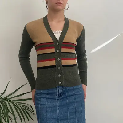 Unbranded Striped Cardigan - Small Green Wool Blend