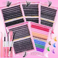 Mixed Length & Color Individual False Eyelashes Kit, 1 Set Cluster Lashes with Lash Bond & Seal Tweezers, Eyelash Extension K...