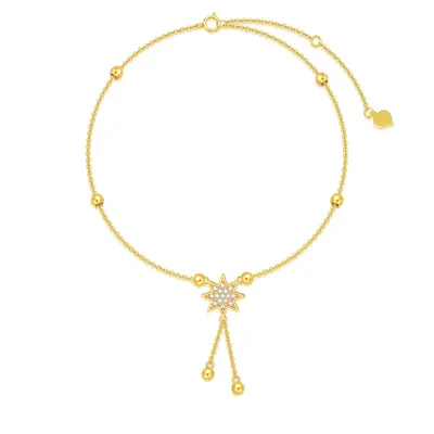14K Gold Zircon Bead & Star Single Layer Charm Anklet