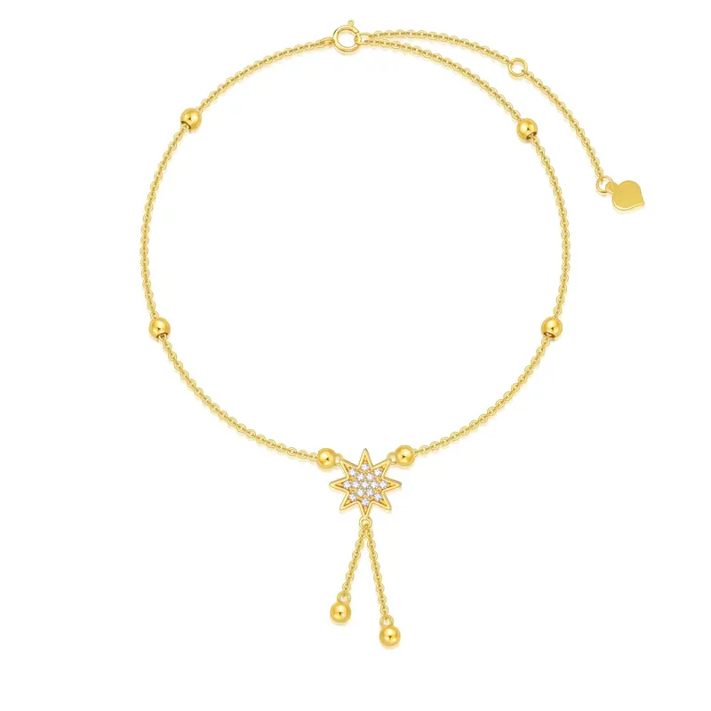 14K Gold Zircon Bead & Star Single Layer Charm Anklet