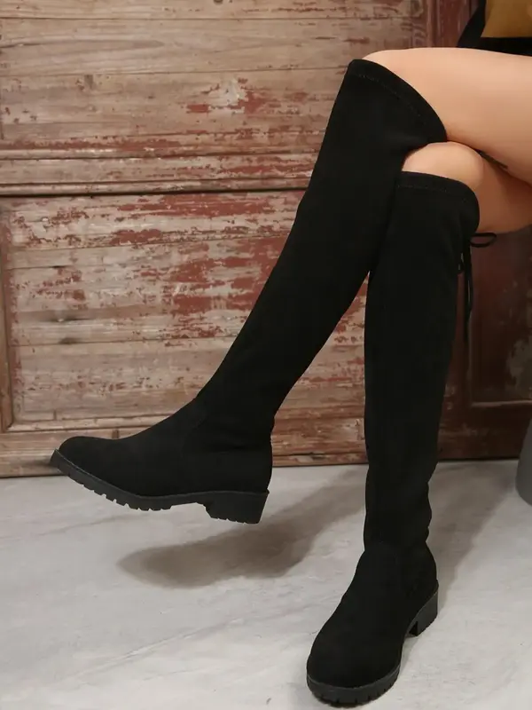 Women's Fashionable Solid Color Lace Up Knee Boots, Casual Comfortable Round Toe Boots for Daily Wear, Female All-match Trend...