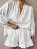 Two-piece Set Women's Solid Color Tie Front Top & Shorts, Casual Basic Long Sleeve Top & Shorts for Summer, Ladies Clothes fo...