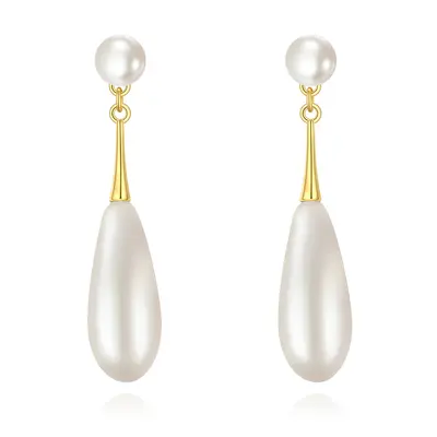 Sterling Silver with Yellow Gold Plated Pearl Drop Earrings