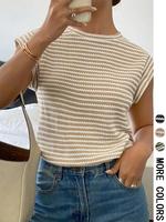Women's Striped Print Crew Neck Tee, Casual Slim-fitting Cap Sleeve T-shirt, Ladies Summer Clothes for Daily Wear, Top, Women...