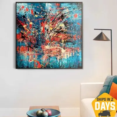 Small Colorful Original Abstract Acrylic Painting in size 27.55x27.55", Expressionist Artwork, Modern Textured Fine Art ...