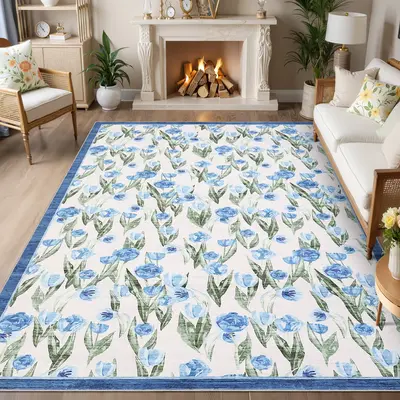 Garvee Ultra Thin Non-Slip Floral Area Rug 5x7 – Modern Low Pile Washable Carpet – Mark Resistant, Soft Contemporary Floo...