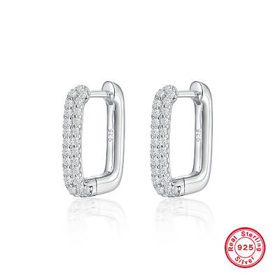 Anti-Tarnish Oval Rhodium Plated 925 Sterling Silver with Rhinestone Hoop Earrings