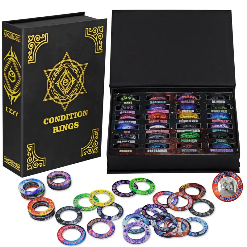Upgraded DND Condition Rings 96 Status Effect Markers with Color Printing in 24 Conditions & Spells, and with Magic Book Stor...
