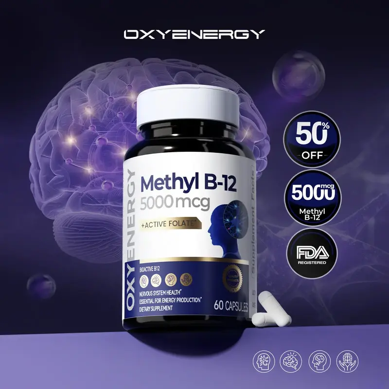 Oxyenergy Methyl B-12 Active Form,5000mcg High Content,Advanced Formula,plus Active Folate for Brain,Nerve & Energy,60 capsul...