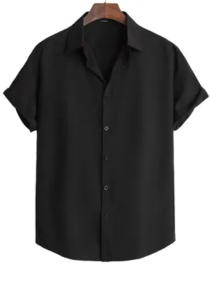 Men's Regular Fit Solid Button Front Shirt, Summer Clothes Fashion Casual Short Sleeve Collar Top for Daily Outdoor Wear, Men...