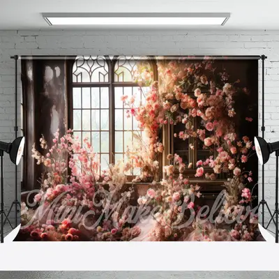 Vintage Room Window Pink Flower Backdrop For Photo - Aperturee