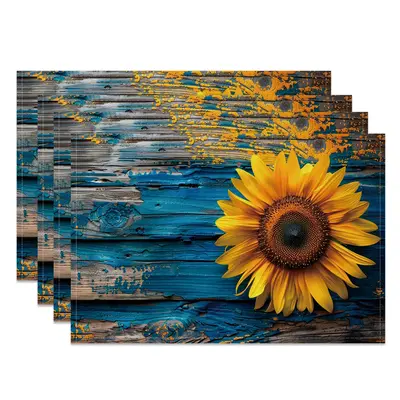 Aperturee Bright Blue Wood Grain Sunflower Set Of 4 Placemats, 14x12 Inch, 15.8 USD, NYLX00539-S, placemats