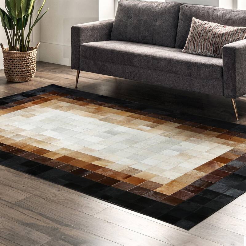 Beige & Black Ombre Border Patchwork Cowhide Rug