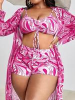 【 Plus Size】 Paisley Print Swimsuit Set, Boho Swim Top & Swim Shorts & Long Sleeve Cover Up Set, Summer Outfits, Women's ...