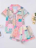 Women's All Over Print Shortsleeve Pajama Set, Bohemian Casual Comfy Button Front Chest Pocket Design Lapel Neck Top & Elasti...