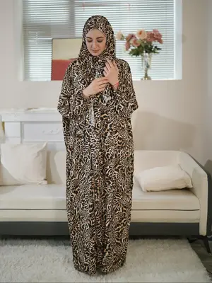 Women's Leopard Print Long Sleeve Abaya with Scarf, Modest Casual Muslim Clothing for Daily Wear, Ladies Islamic Clothing for...