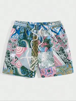 Men's All Over Patchwork Print Drawstring Waist Shorts, Casual Elastic Waist Pocket Beach Shorts, Shorts for Men, Summer Bott...