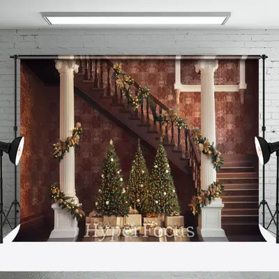 Vintage Brown Christmas Vibe Stairs Photo Backdrop - Aperturee