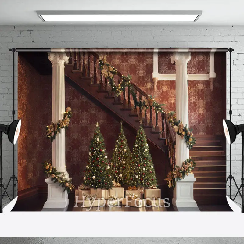Vintage Brown Christmas Vibe Stairs Photo Backdrop - Aperturee
