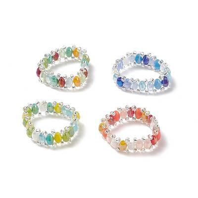 4Pcs 4 Color Glass & Brass Braided Bead Finger Rings Set