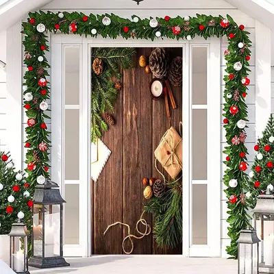 Wooden Board Green Leaves Warm Christmas Door Cover - Aperturee