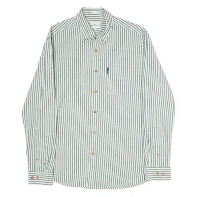 BEN SHERMAN Recycled Cotton Mens Shirt Green Striped Long Sleeve L