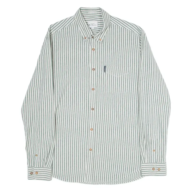 BEN SHERMAN Recycled Cotton Mens Shirt Green Striped Long Sleeve L