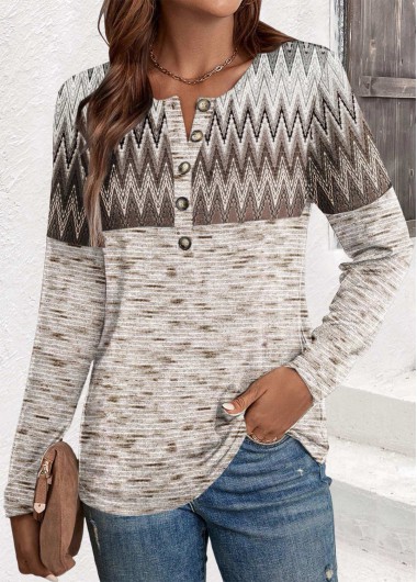 Modlily Light Coffee Button Chevron Print Long Sleeve T Shirt - XXL
