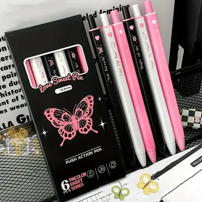 Black Ink 0.5mm Press Pen, 6 Counts/set Cute Butterfly Pattern Writing Pen, Stationery Supplies for Home School Office Dormit...