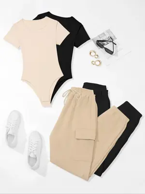 Women's Solid Pocket Pants Set, Casual Short Sleeve Bodysuit & Drawstring Waist Cargo Pants Set, Summer Clothes for Outdoor...