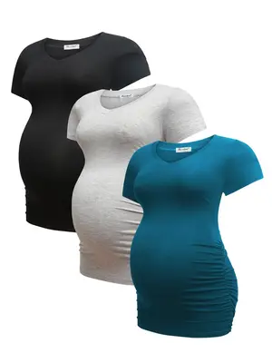 Women's 3pcs Solid V Neck Ruched Maternity Tee, Casual Short Sleeve T-shirt for Summer, Tops, Maternity Clothes for Pregnancy...