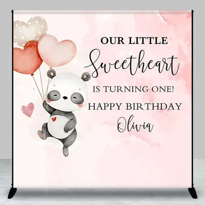 Custom Panda Balloon Pink Girl 1st Birthday Backdrop - Aperturee
