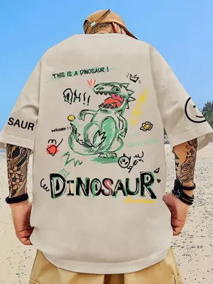 Men's Cartoon Graphic Print Round Neck Drop Shoulder Tee, Regular Fit Casual Fashion T-Shirt for Summer Daily Wear, Men's Clo...