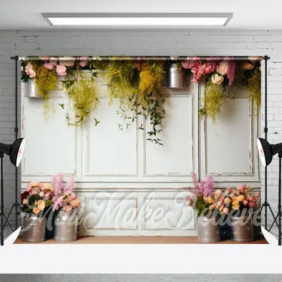 White Wall Iron Flowerpot Floral Spring Backdrop - Aperturee