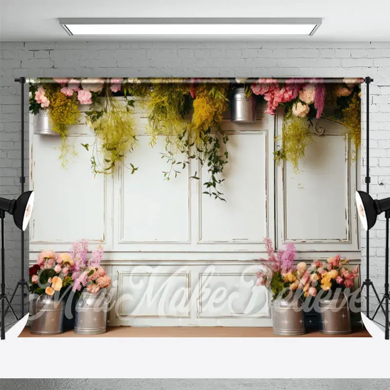 White Wall Iron Flowerpot Floral Spring Backdrop - Aperturee
