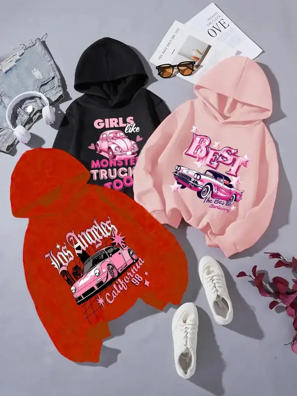 Girl's Car & Letter Print Hoodie, Casual Long Sleeve Hooded Sweatshirt for Fall & Winter, Graphic Hoodie, Kids Clothes for Da...